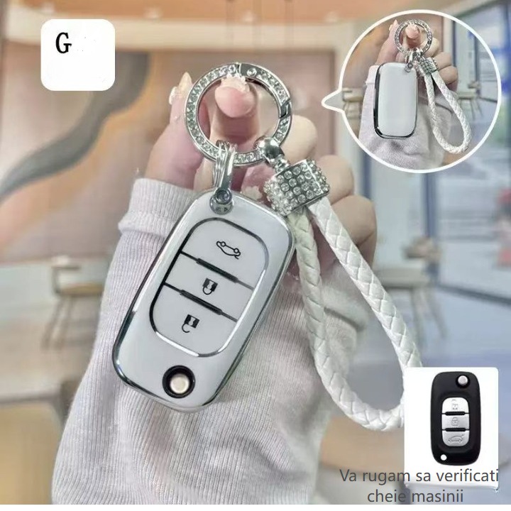 Husa pentru cheie potrivita pentru Mercedes Smart, cheie pliabila Smart, modele Fortwo si Forfour, carcasa cu breloc pentru cheie auto, Franghie alba cu strasuri, Argintiu mat, 0246