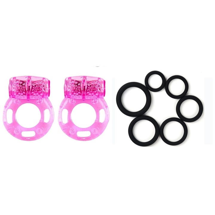 Péniszgyűrű szett 6 gyűrűvel és 2 az 1-ben maszturbátor gyűrűvel, szilikon, rózsaszín, 3 cm átmérőjű, vízálló, hipoallergén