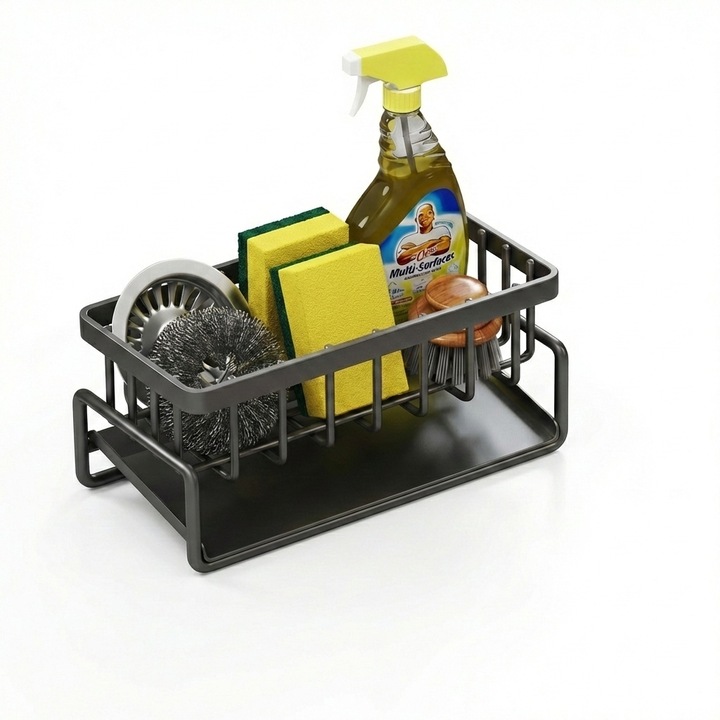 Органайзер за кухненска мивка Eclatiana®, поставка за гъба и препарат от неръждаема стомана с накланяща се на 45° тава за отцеждане, против ръжда, черен