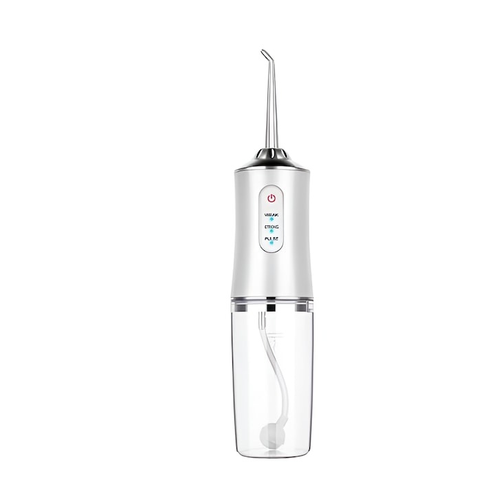 Eclatiana® hordozható szájzuhany, szájüregi öblítő 4 cserélhető fúvókával, 220 ml-es víztartály, IPX7 vízálló, 3 tisztítási mód, USB-ről tölthető - fehér