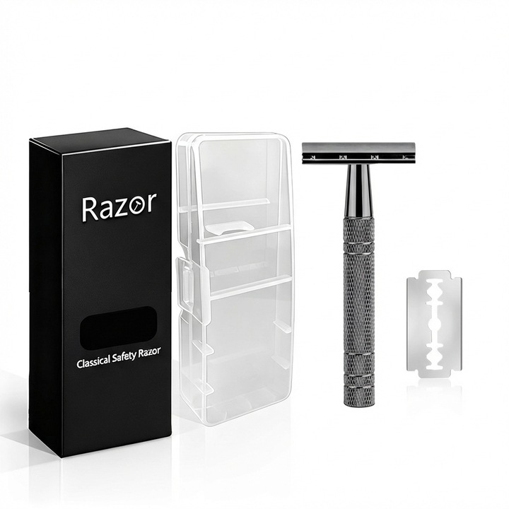 Класическа самобръсначка Eclatiana®, двойно острие с извита глава, комплект за ръчно бръснене с противоплъзгаща дръжка, 10 платинени ножчета и кутия за транспортиране