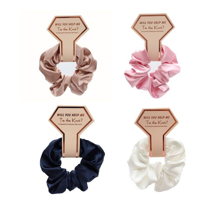 Комплект от 4 сатенени ластика за коса Eclatiana® с диамантена картичка, за шаферки, бял, розов, шампанско, черен