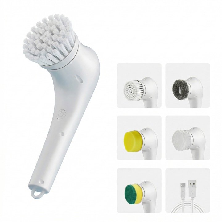 Perie Electrica Rotativa Eclatiana®, Scrubber Multifunctional 5 in 1 pentru Curatenie Bucatarie si Baie, Reincarcabil USB, cu 5 Capete Interschimbabile, Fara Fir