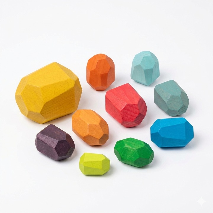 Комплект от 10 балансиращи камъка Eclatiana®, премиум кленова дървесина, цветни Монтесори блокчета за подреждане, издръжлива образователна играчка от твърда дървесина