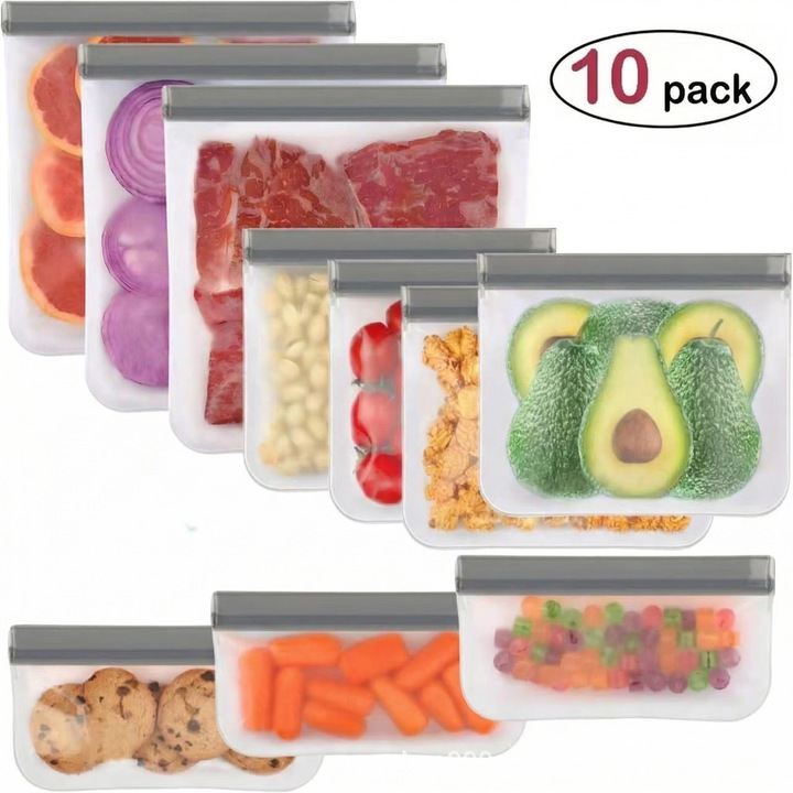 Set 10 Pungi Reutilizabile Eclatiana® din PEVA pentru Depozitare Alimente, Etanse si Fara BPA, pentru Congelator si Gustari, Gri (3 Mari, 4 Medii, 3 Mici)