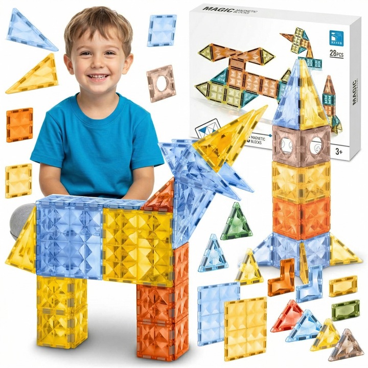 Joc Magnetic Eclatiana® 3-in-1 Explorare Spatiala 28 Piese, Traseu cu Bile Marble Run, Cuburi Constructie STEM Educative pentru Copii