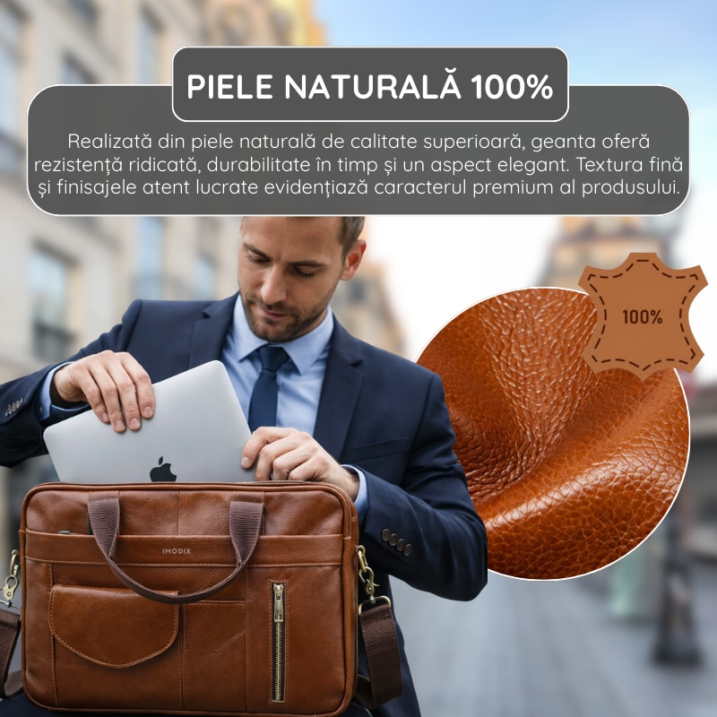 Geanta Laptop Piele Naturala, IMODIX, Compartiment Laptop 14-inch, Spatioasa, Curea De Umar Ajustabila, Multiple Compartimente, Ideala Pentru Birou Si Calatorii, 40x30x7 cm, Model 1116, Maro