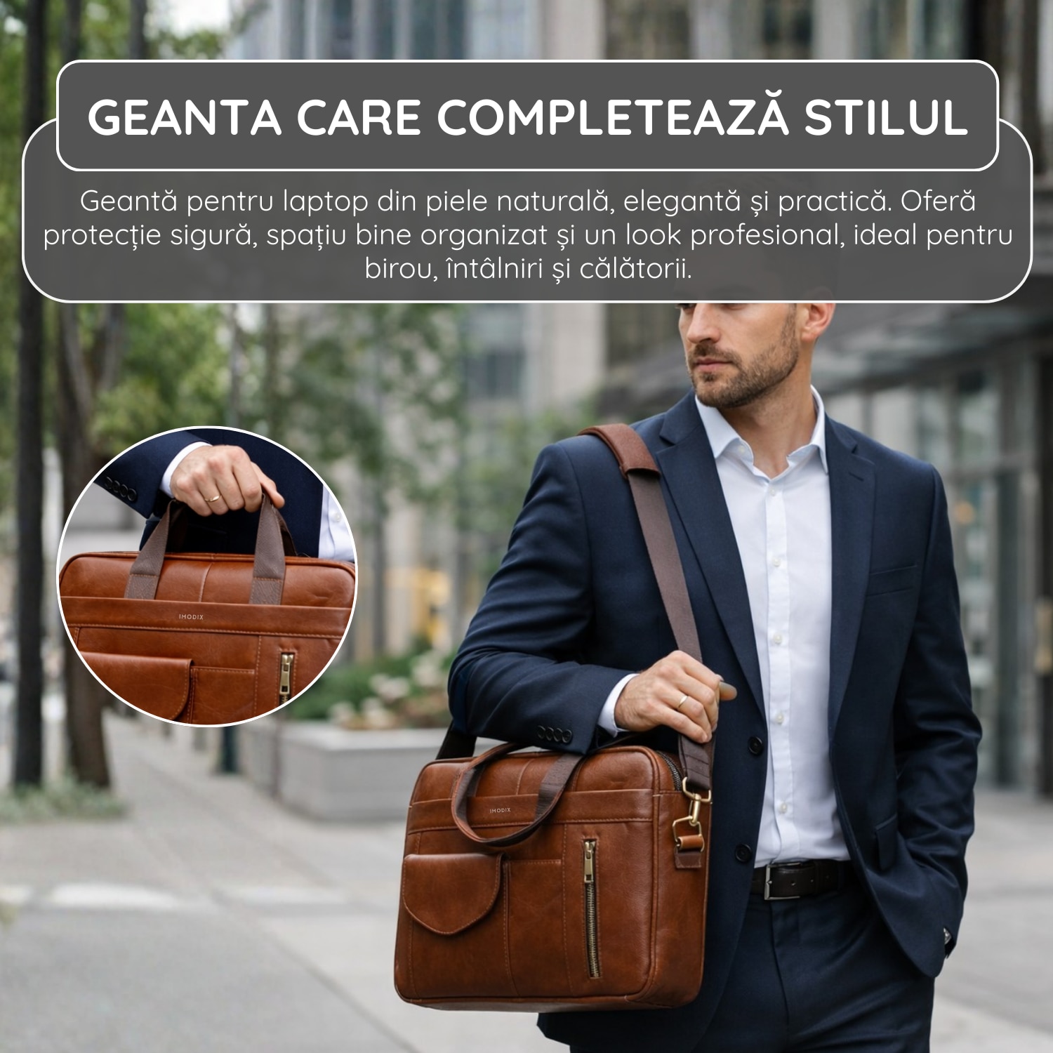 Geanta Laptop Piele Naturala, IMODIX, Compartiment Laptop 14-inch, Spatioasa, Curea De Umar Ajustabila, Multiple Compartimente, Ideala Pentru Birou Si Calatorii, 40x30x7 cm, Model 1116, Maro