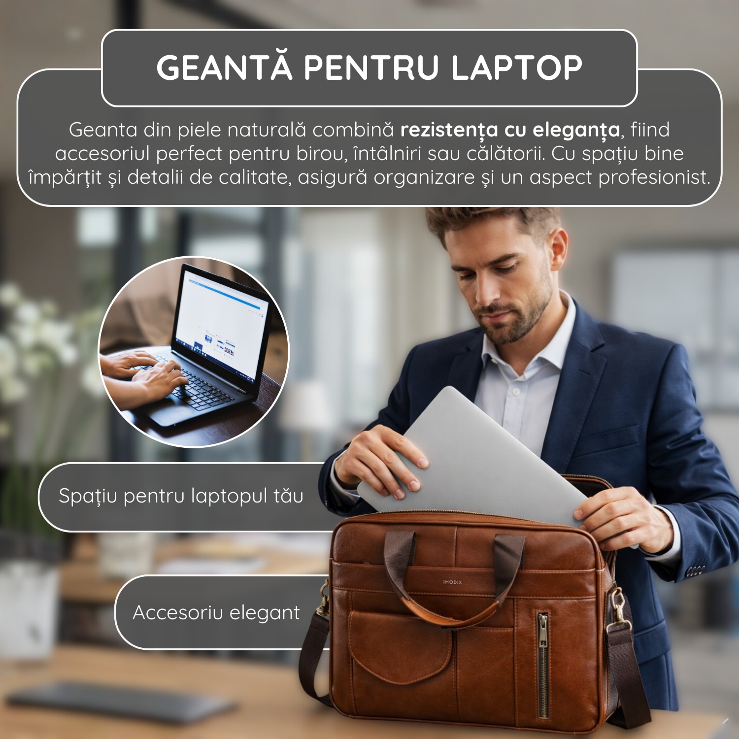 Geanta Laptop Piele Naturala, IMODIX, Compartiment Laptop 14-inch, Spatioasa, Curea De Umar Ajustabila, Multiple Compartimente, Ideala Pentru Birou Si Calatorii, 40x30x7 cm, Model 1116, Maro