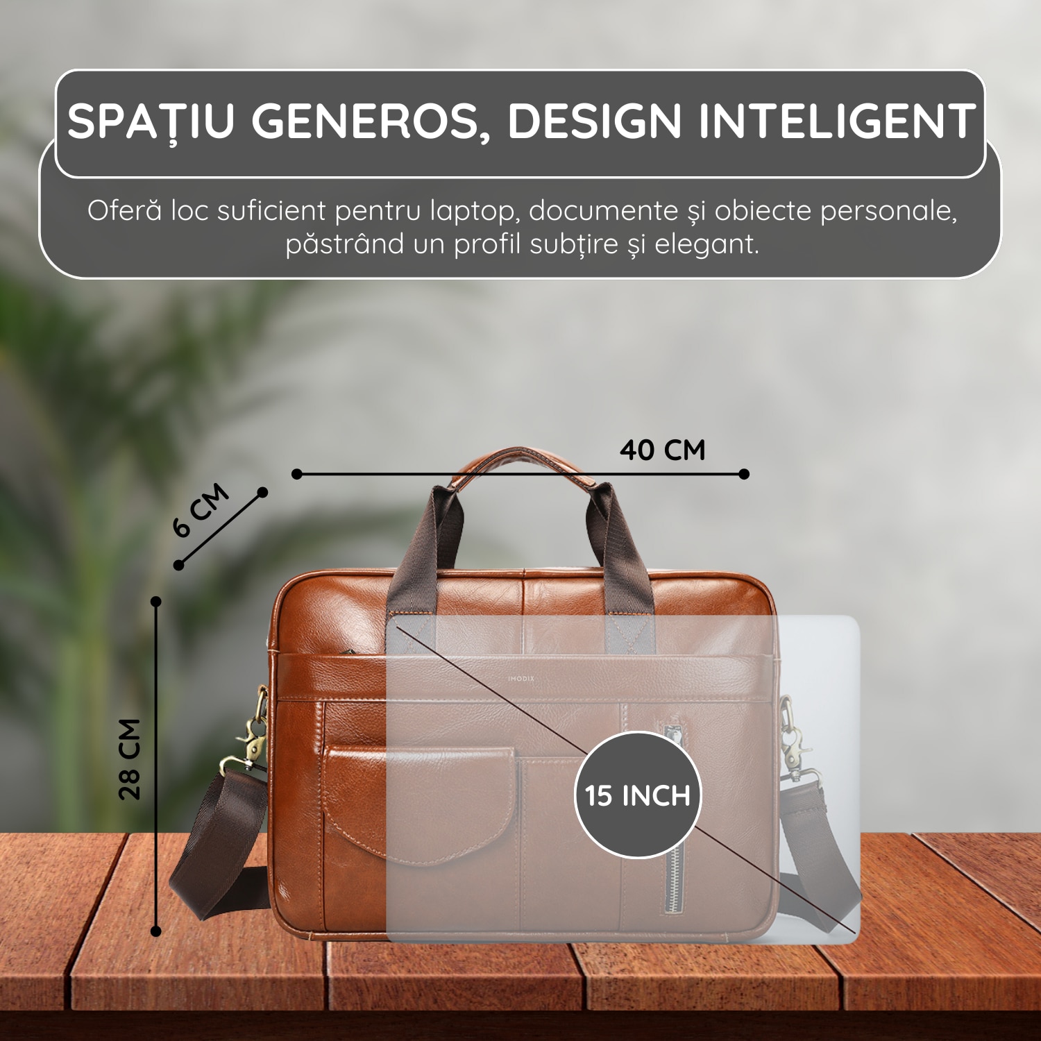 Geanta Laptop Piele Naturala, IMODIX, Compartiment Laptop 14-inch, Spatioasa, Curea De Umar Ajustabila, Multiple Compartimente, Ideala Pentru Birou Si Calatorii, 40x30x7 cm, Model 1116, Maro