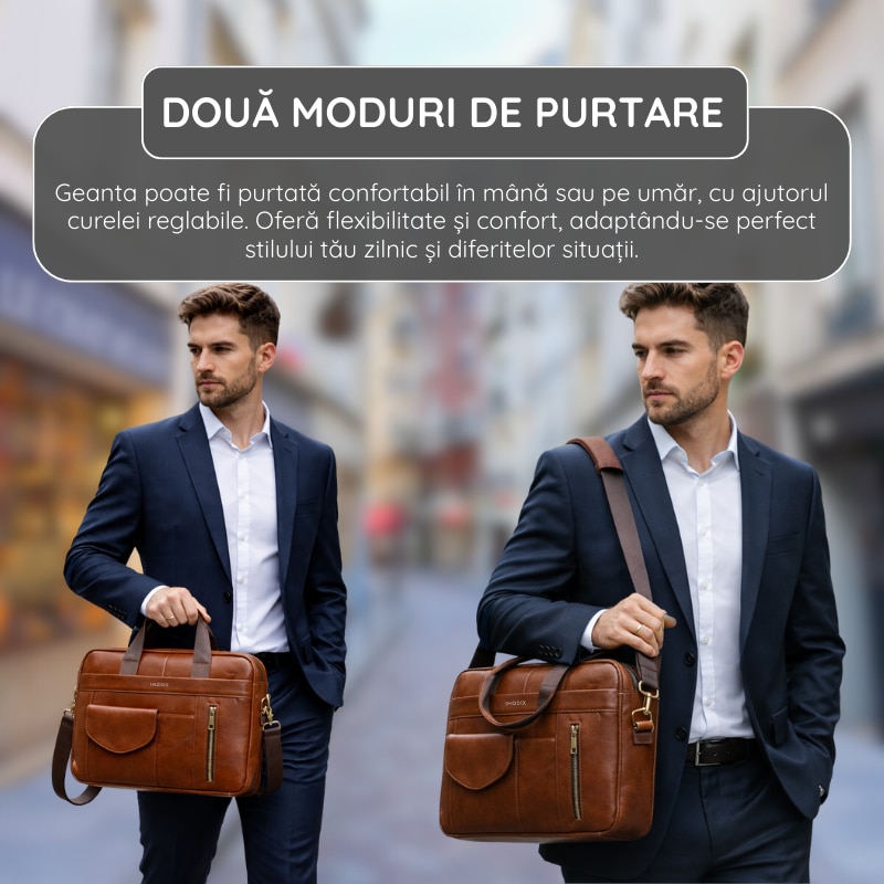 Geanta Laptop Piele Naturala, IMODIX, Compartiment Laptop 14-inch, Spatioasa, Curea De Umar Ajustabila, Multiple Compartimente, Ideala Pentru Birou Si Calatorii, 40x30x7 cm, Model 1116, Maro