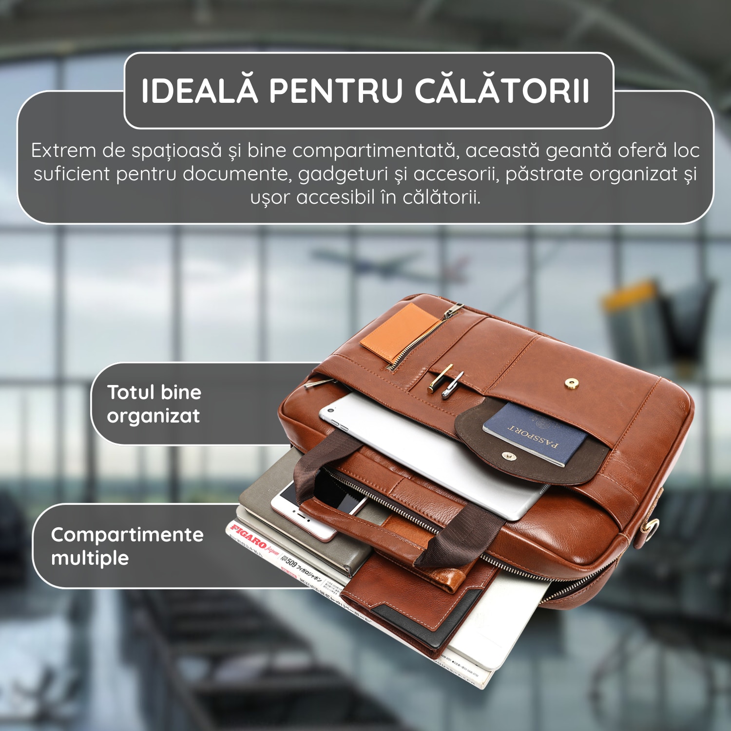 Geanta Laptop Piele Naturala, IMODIX, Compartiment Laptop 14-inch, Spatioasa, Curea De Umar Ajustabila, Multiple Compartimente, Ideala Pentru Birou Si Calatorii, 40x30x7 cm, Model 1116, Maro
