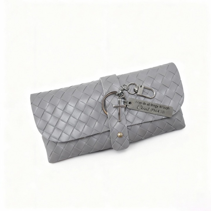 Toc de ochelari din PU tesut, AeroStudio, cu inchidere metalica si pandantiv cu verset biblic, organizator universal, gri, 17x8x2cm