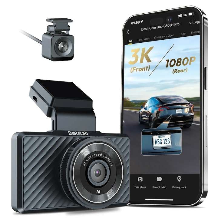Kit camera video pentru bord Botslab G500H Pro 3K fata + 1080p spate, GPS, Wi-Fi 2, 4 GHz, mod parcare, inregistrare video de inalta calitate, instalare usoara si siguranta la conducere