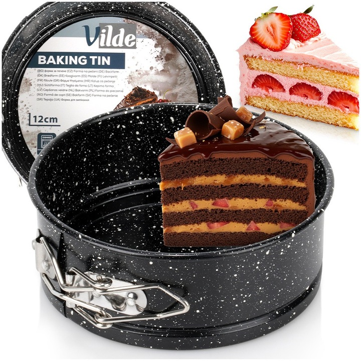 Tortasütő levehető aljjal, Vilde, 12x12x4.5 cm, szénacél gránit bevonattal, magas hőmérsékletállóság 230°C-ig, levehető szélek a torta könnyű eltávolításához, könnyen tisztítható, gránit