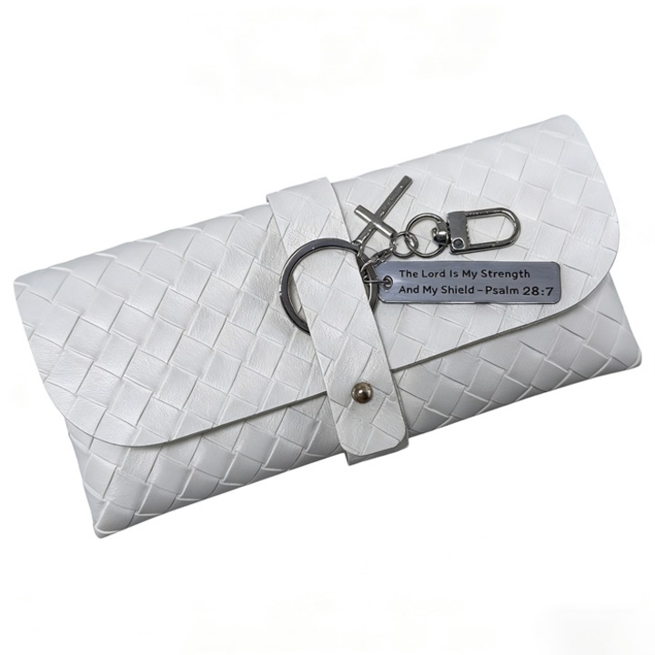 Husa de ochelari textila din PU ecologic Aerostudio, cu incuietoare metalica + pandantiv cu verset biblic, atasabila la geanta/chei/curea, organizer universal, alb