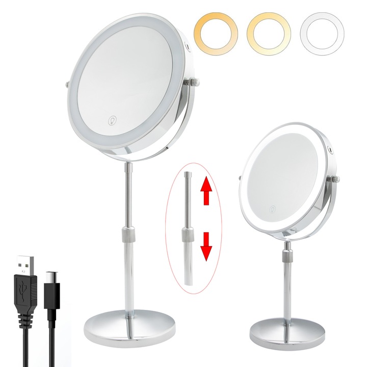 LED Oglinda Cosmetica 10X OWOSALD, finisaj cromat metalic, fata dubla 1X/10X pentru machiaj, 3 culori de lumina cu reglare intensitate, control touch, inaltime reglabila, rotatie 360°