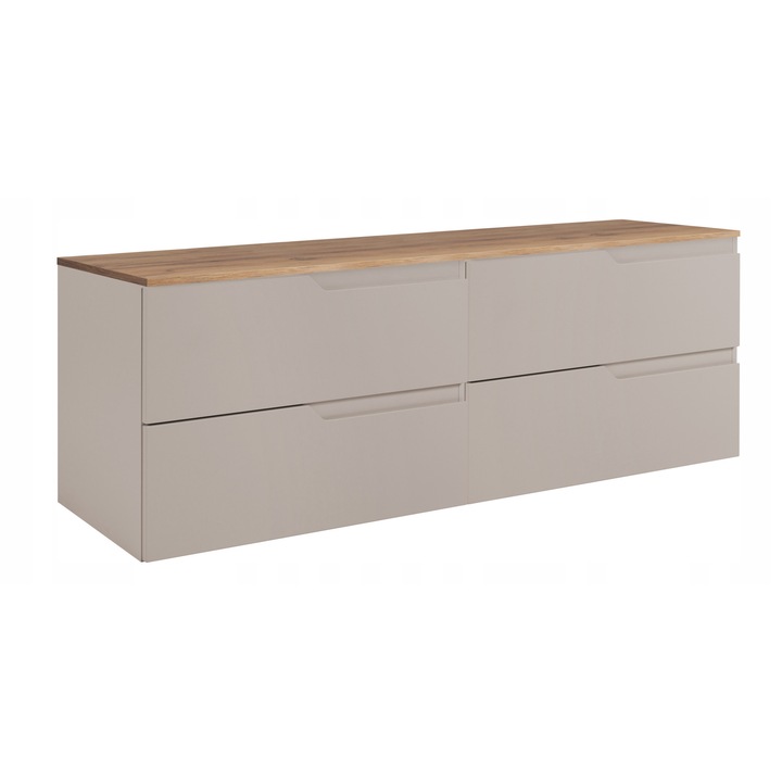 Dulap De Baie, Rodan, Modern, 120x46x57 cm, Material MDF, Suspendat, Masca Lavoar Dublu, Blat 120cm, 4 Sertare Inchidere Soft Close, Fara Manere, Margini ABS, Spatiu Depozitare Generos, Design Minimalist, Casmir / Stejar Craft