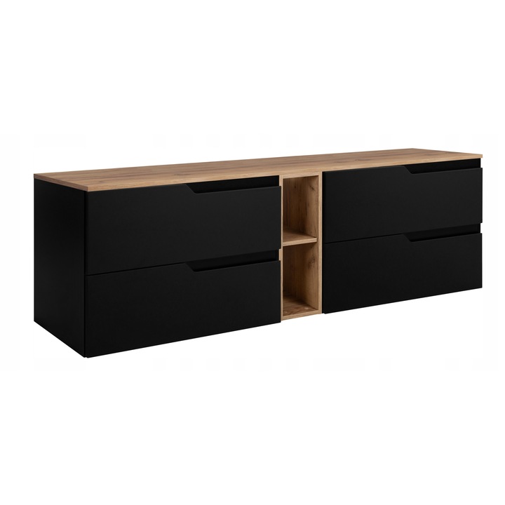 Dulap De Baie, Rodan, Modern, 180x57x46 cm, Material MDF, Placa Laminata 16 mm, Spate - HDF - 3 mm, Margini ABS - 0.5 mm, Sistem De Inchidere, Inchidere Silentioasa Soft Close, Rezistent La Umiditate Si Zgarieturi, Finisaj Mat, Negru/Stejar Craft