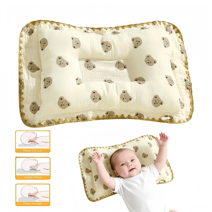 Perna ortopedica pentru bebelusi Omelivon®, potrivita pentru nou-nascuti cu varsta cuprinsa intre 8 si 24 luni, previne sindromul capului plat, dimensiuni 33 x 21 cm Fabricata din bumbac pur, portabila, cu design ergonomic