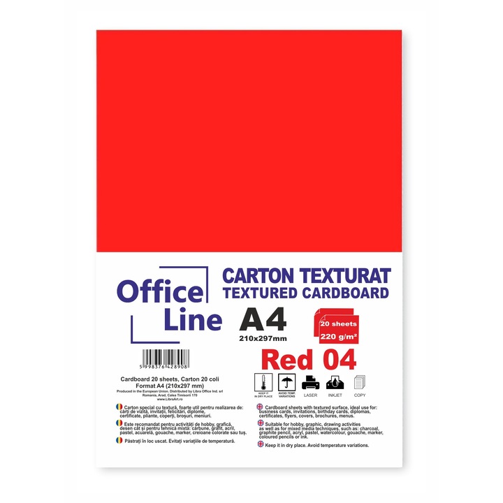 Carton texturat A4 220g rosu 04 top. 20 coli