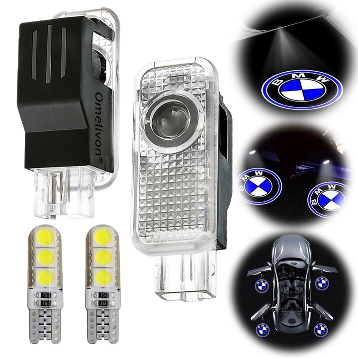 Комплект от 2 прожектора с лого на BMW, Omelivon®, предлагащи по-висока яркост и по-ясен фокус, подходящи за модели BMW 1/3/4/5/6/7/X1/X2/X3/X4/X5/X6/X7/M/Z/GT, оборудвани с LED стопове за врати + две LED крушки T10 W5W и бял плафон