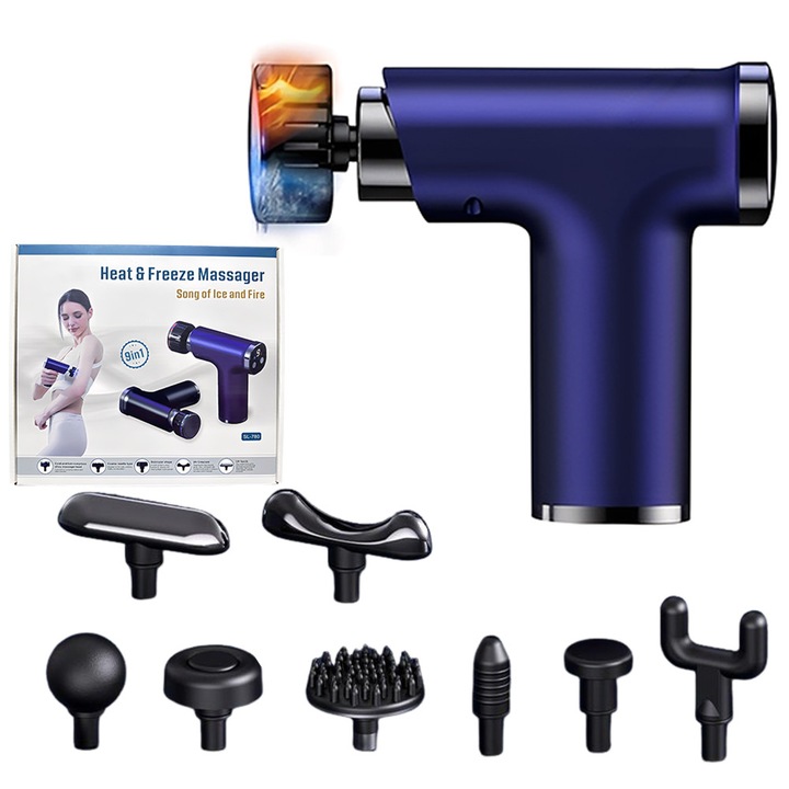 VeniSymlis® Masaj profesional cu caldura si inghet SL-780, 2 in 1, baterie 1200mAh, incarcare USB-C, 2 viteze, 2 capete interschimbabile, pentru relaxare musculara si recuperare, negru