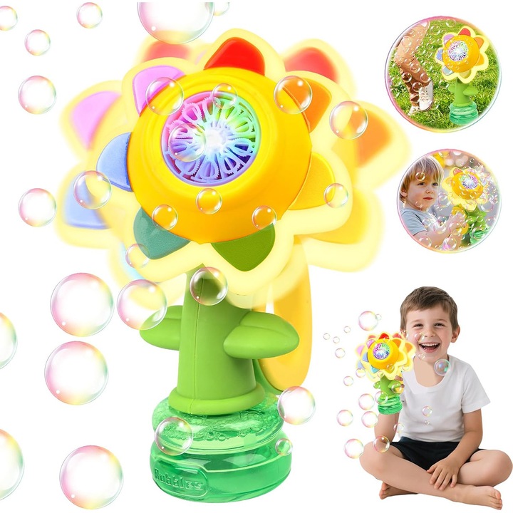 Masina automata de Bule, Reincarcabila, Dans, YOUKUKE, Floarea Soarelui, 1000+ Bule/Minut, Cu LED-uri Colorate, 3 moduri, perfect pentru utilizare in exterior, Galben, 12x9x21, 5cm