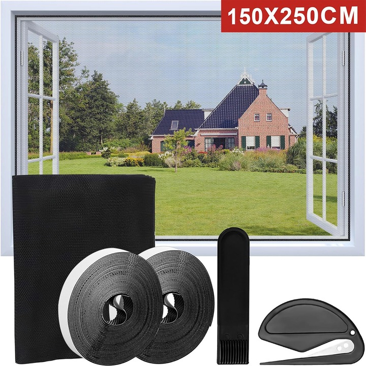 Plasă anti-tantari pentru feronerie YOUKUKE, 150x250cm, neagră, autoadezivă cu velcro