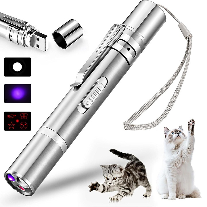 Jucărie interactivă pentru pisici, YOUKUKE, laser pointer reîncărcabil USB, 8 moduri ajustabile, argintiu, 1, 5x11, 5cm