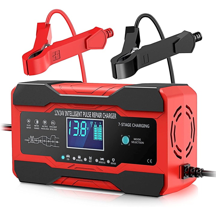 Redresor auto multifuncțional YOUKUKE, 12V/10A, 24V/5A, afisaj digital, rosu, 158x95x62mm