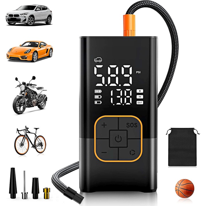 Pompa electrică de aer YOUKUKE, multifuncțională, portabilă, 150 PSI, 4000mAh, negru-portocaliu