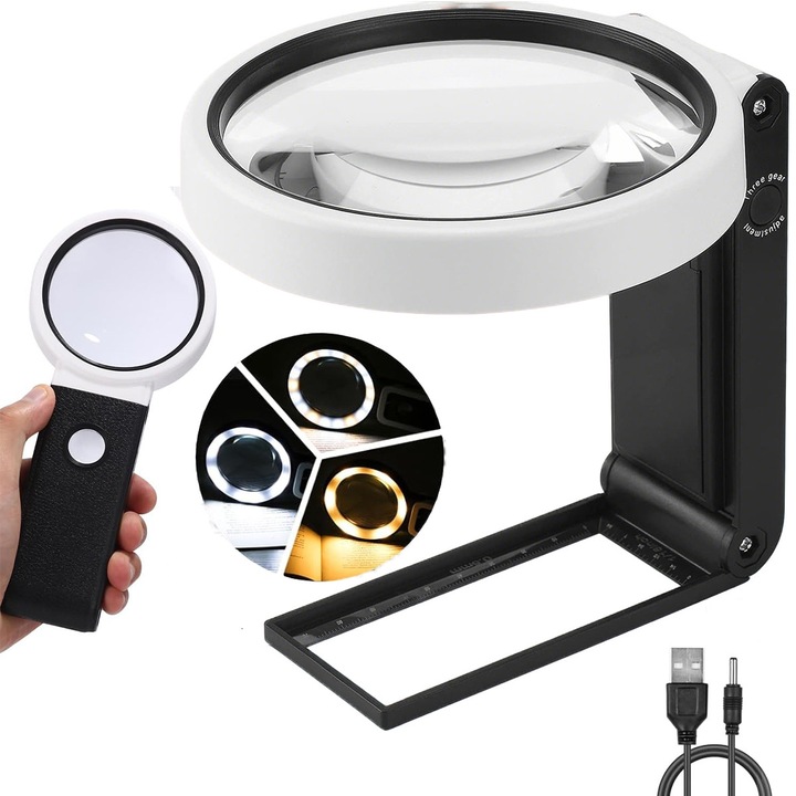 Lupa portabilă cu suport YOUKUKE, 10X/25X, 32 LED, negru-alb, 22, 6x10, 7cm