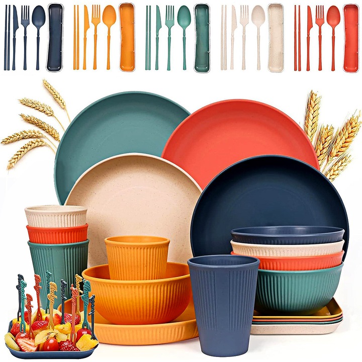 Set de vesela camping, 52 de piese, pentru 5 persoane, multicolor, plastic reutilizabil