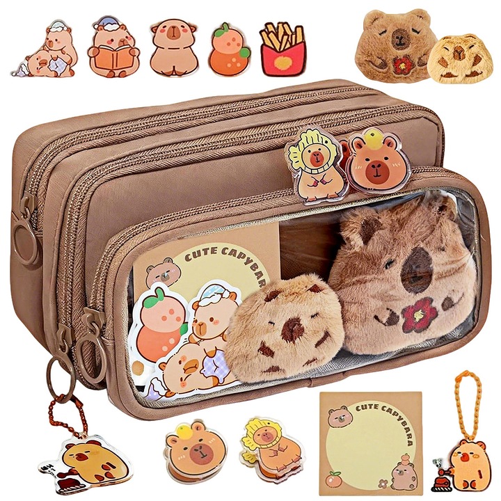 10 rétegű tolltartó készlet, YOUKUKE, kapibara mintás, Oxford anyag, kávé, 22x13x8.5cm