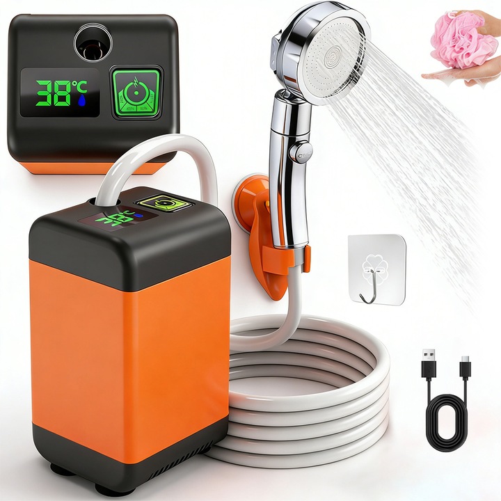 Dus portabil pentru camping, YOUKUKE, 3 moduri de iesire a apei, ecran digital, portocaliu, 6x7x12cm