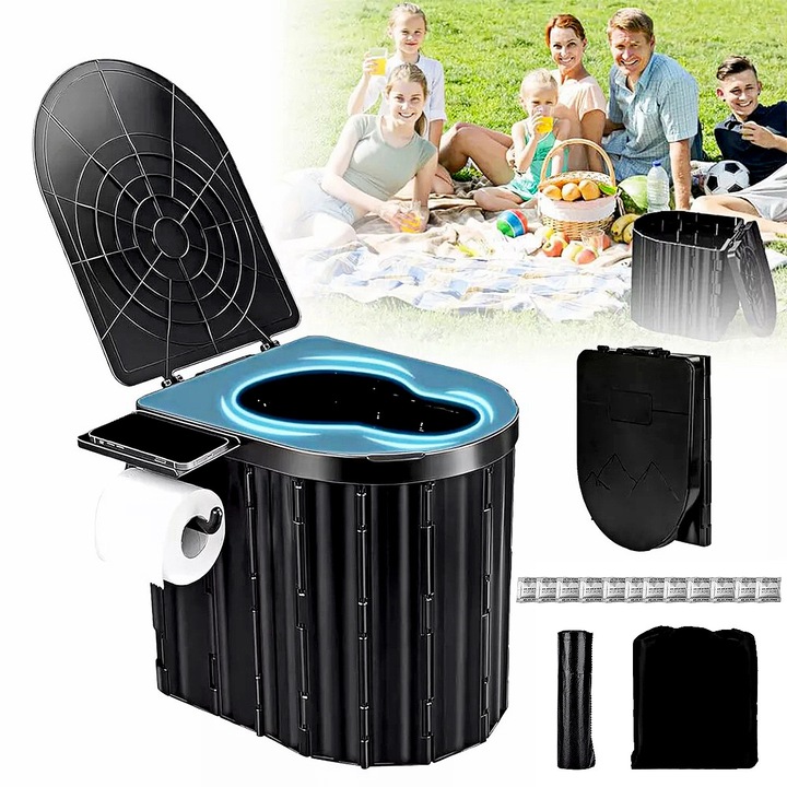 Toaleta Portabila Pliabila YOUKUKE®, Pentru Camping, Rulota, Cabana, Material ABS+PU, Compact si Usor, Cu Saci Gunoi Inclusi, Schwarz