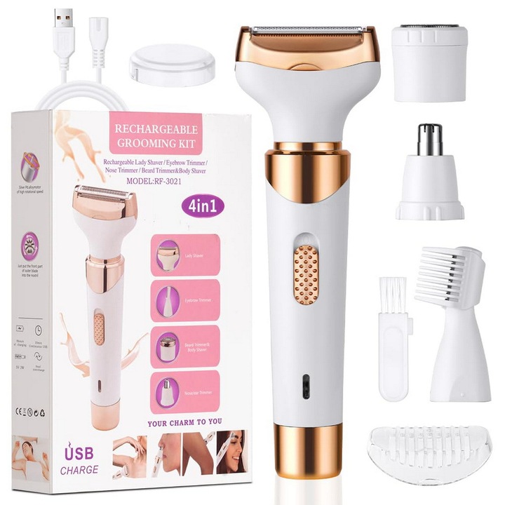 Epilator electric pentru femei 4-in-1 rezistent la apa, YOUKUKE®, 4 capete interschimbabile pentru fata, maini, picioare, partea privata a femeii de barbierit barbierit pubic Aparat de ras Epilator reincarcabil