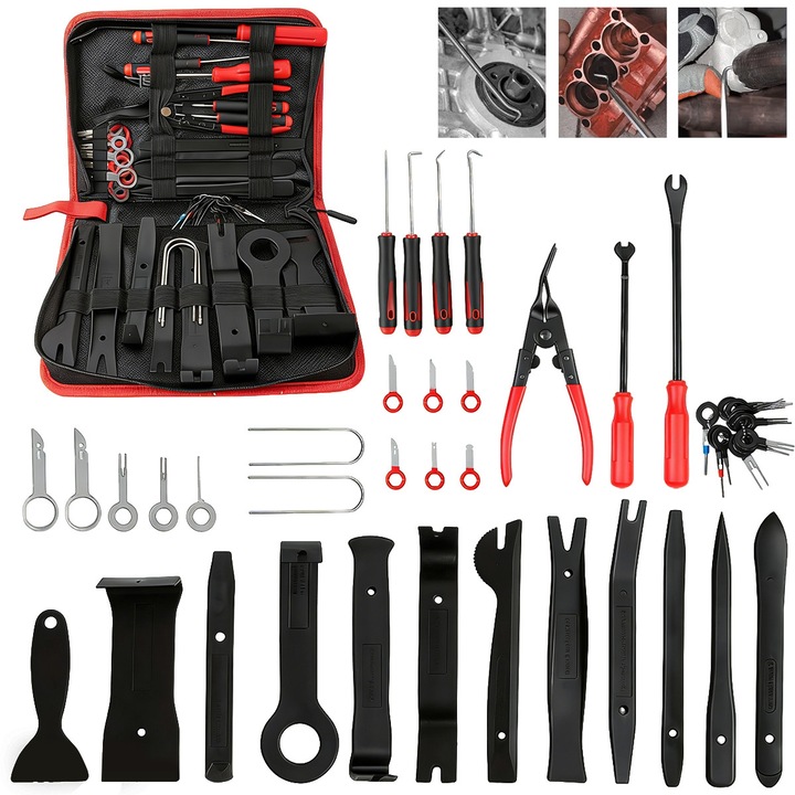 Set 43 piese scule demontare pentru interior auto, YOUKUKE, robust, roșu, cu husă de depozitare