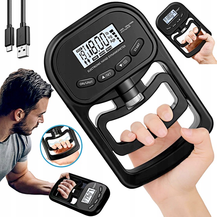 Дигитален динамометър, YOUKUKE®, LCD дисплей, памет за 19 записа, регулируем размер за всички типове ръце, с пружинни флексори за предмишница, 180 кг (396 lbs), USB презареждаем, за спорт, дома и училище, черен