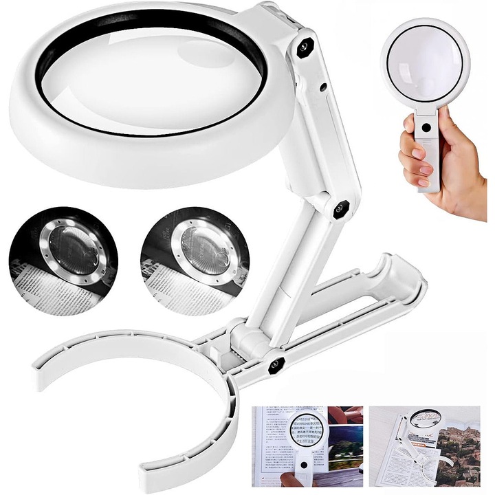 Lupa cu LED, YOUKUKE®, Lupa de citit, Marire 5x/11x, Brat ajustabil, cu 8 lumini LED, 2 Moduri iluminare, Alimentare USB/de baterie, Pentru reparatii electronice, manichiura, tatuaje, mestesuguri, Alb