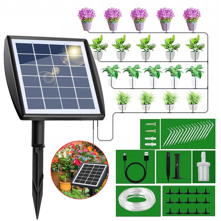 Sistem de irigare prin picurare cu panou solar automat, YOUKUKE®, 15 aspersoare, acumulator 2000 mAh, impermeabil IP67, utilizare interior/exterior, pentru sera, gradina, balcon