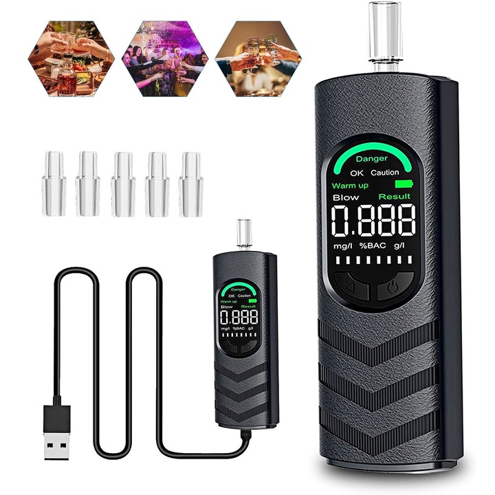 Алкохолен тестер YOUKUKE, дигитален, 5 мундщука включени, черен, 12x3.8x1.78см