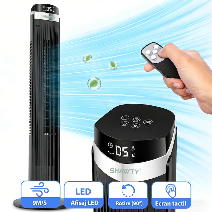 Ventilator turn, Shawty®, S0144, 5 viteze, 55W, Oscilatie la 70 grade, 3 moduri, Control cu panou tactil, 12H Temporizator, Foarte silentios, Telecomanda, Negru