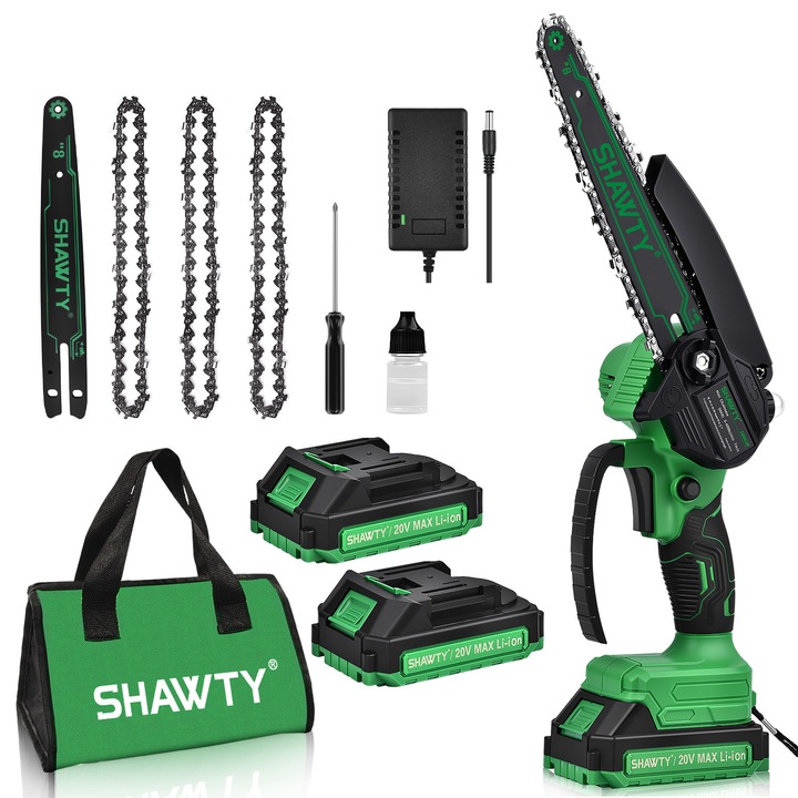 Mini ferastrau electrica cu lant, 8 inch, SHAWTY®, 20V, 2 x Baterie 2000 mAh, 3 Lanturi, 4000 RPM, Cu sistem de lubrifiere, Buton de siguranta Verde