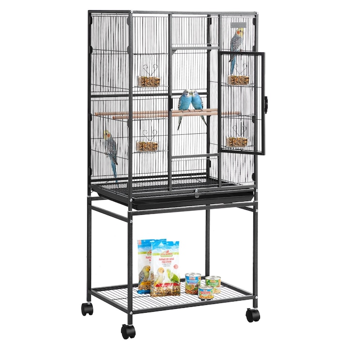 Colivie pentru papagali si perusi, Pe stativ, Dimensiuni 62, 5 x 42, 5 x 137 cm, Fier forjat, Acoperis plat, Tava glisanta, Cu roti, Stinghii incluse