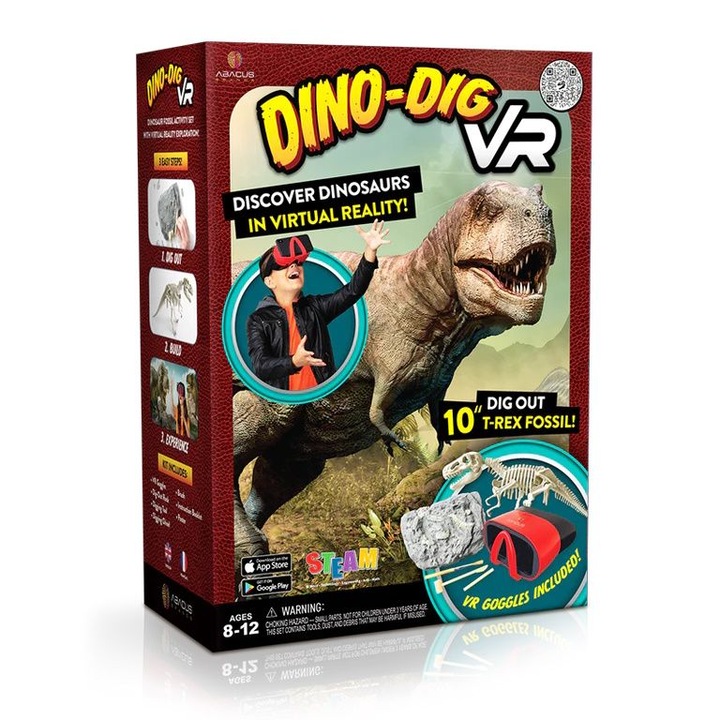 Set educativ Dino Dig VR, Abacus Brands, cu ochelari VR, unelte de sapatura, schelet de dinozaur T-Rex, 30,48x22,86x15,24cm