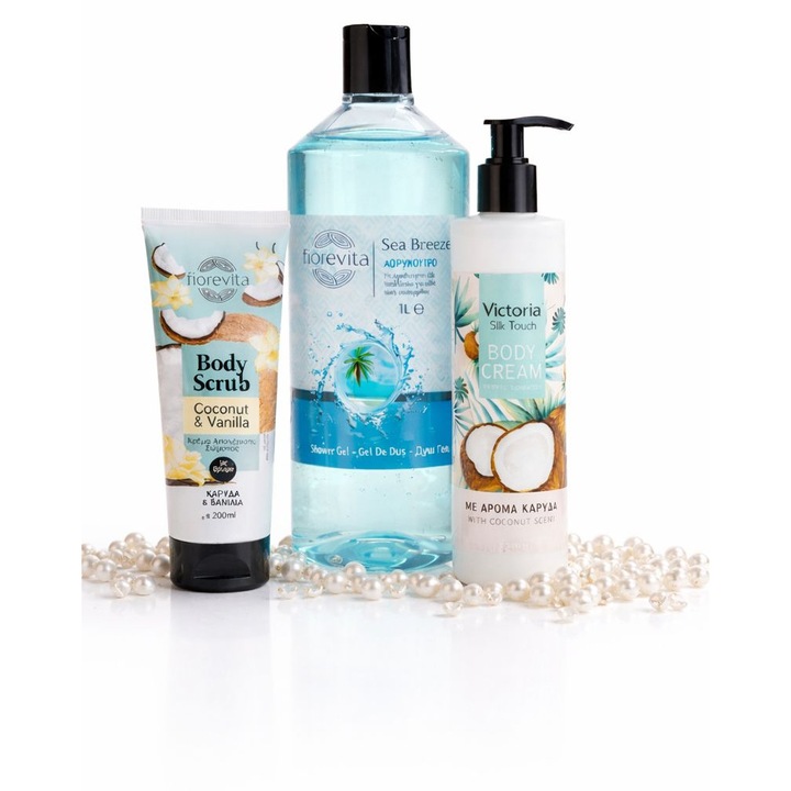 Set cosmetic de duș și îngrijire corporală FIOREVITA, 3 produse, exfoliant, gel de duș, loțiune de corp, normal, pentru femei