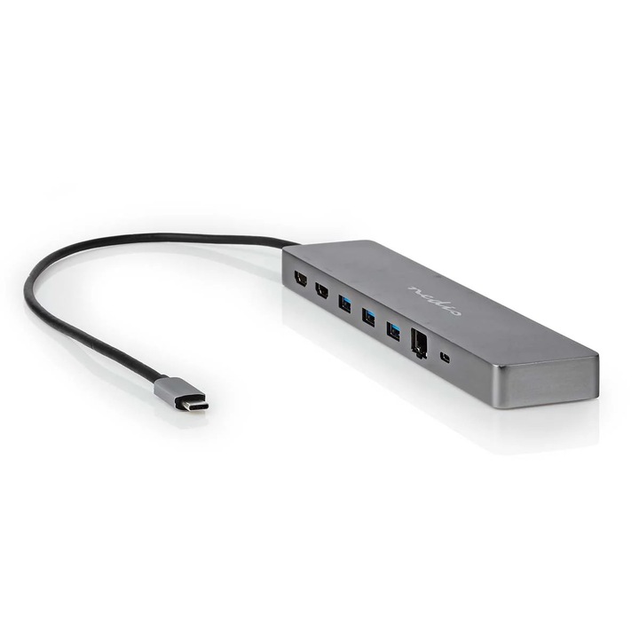 Адаптер USB Multi-Port, USB 3.2 Gen 1, USB-C™ мъжки, Micro SD / RJ45 женски / SD / 2x HDMI™ / 2x USB-C™ / 3x USB-A женски, 0,40 м, кръгъл, Позлатен, TPE, Антрацит, Кутия