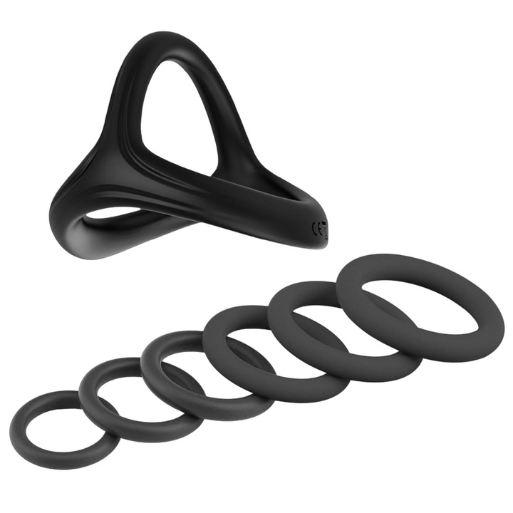 6 db péniszgyűrű szett, Lunniquee, fekete, orvosi szilikon, 55 mm x 50 mm x 45 mm x 42 mm x 37 mm x 33 mm